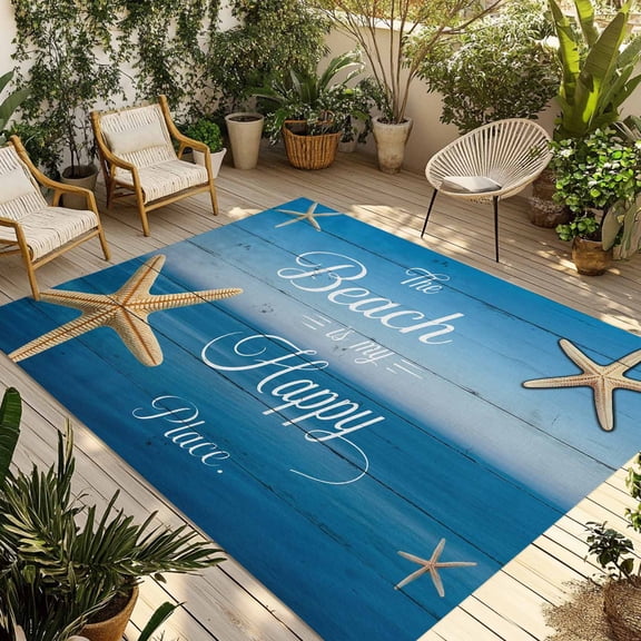 Coastal Starfish Outdoor Rug for Patio/Deck/Porch, Non-Slip Large Area Rug 5 x 7 Ft, Nautical Marine Life Blue Wooden Grain Indoor Outdoor Rugs Washable Area Rugs, Camping Rug Carpet Runner