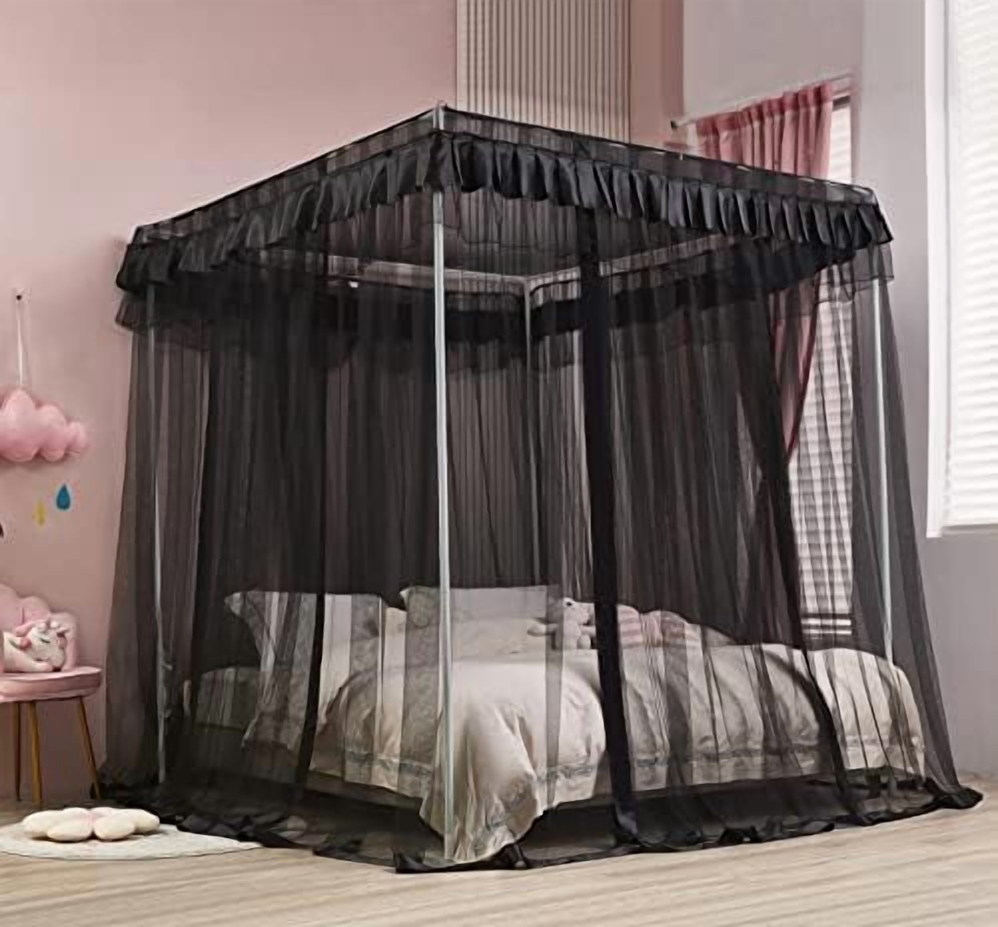 Simple 4 Corners Post Canopy Bed Curtains Bed Drapes (Twin XL, Black)