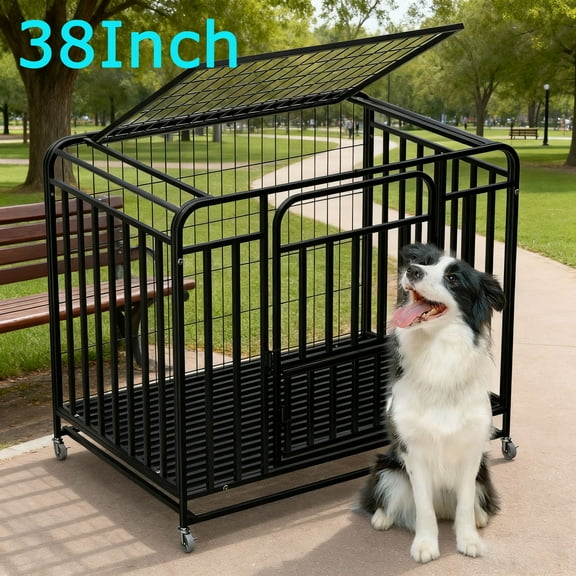 38 inch Dog Crate Cage,Heavy Duty Dog Crates with Removable Tray,Escape-Proof Steel Cage with Wheels,Fitting Anxiety Dogs,Large Dogs and Medium Dogs