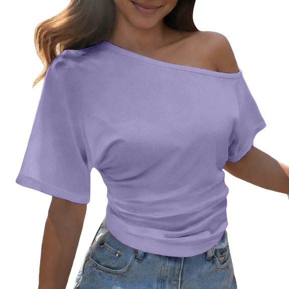 Glisme Shirts for Women Solid Color Short Sleeve Off One Shoulder Neck Shirt Summer Soft Shirt for Women Size 2XL Purple