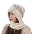 thumbnail image 3 of Naierhg Ladies Winter Hat Knitted Thick Color Block Windproof Warm Soft Ear Plush Ball Decor Elastic Anti slip Beanie Scarf Combo Women Cap for Winter Beige, 3 of 8