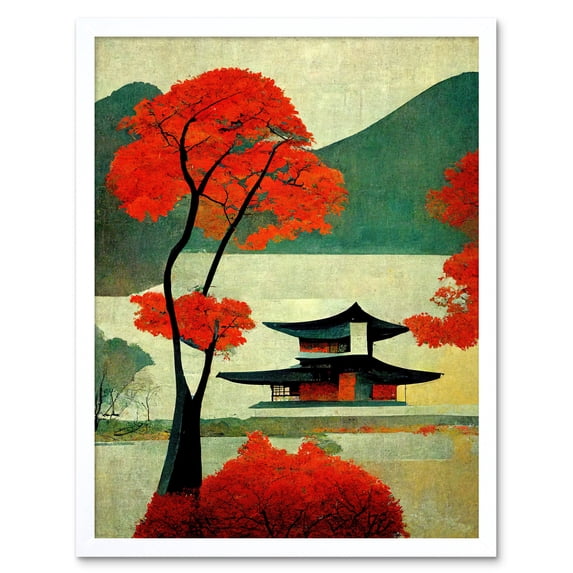 Modern Japanese Red Maple Tree Art Print Framed Poster Wall Decor 12x16 inch