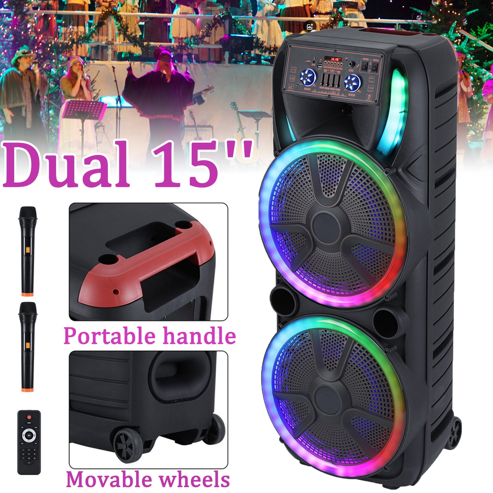 Curuk Dual 15" Bluetooth Speaker with 2 Wireless Mics RGB Lights PA Sound System