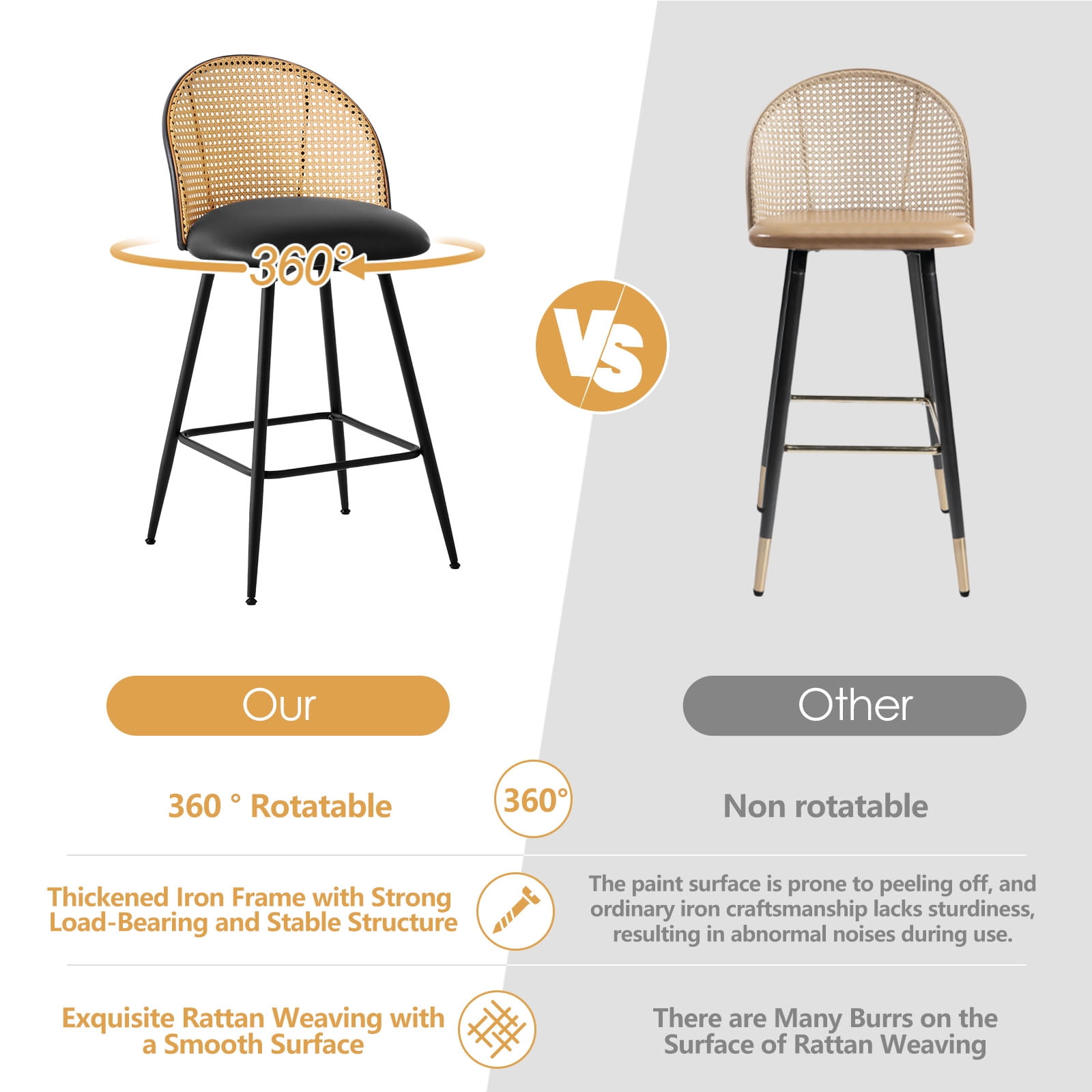 ANMINY Rattan Swivel Bar Stools, 26" Counter Height Set of 2, Upholstered Chairs Barstools with Full Back and Metal Legs Modern PU Fabric Seat for Kitchen Island