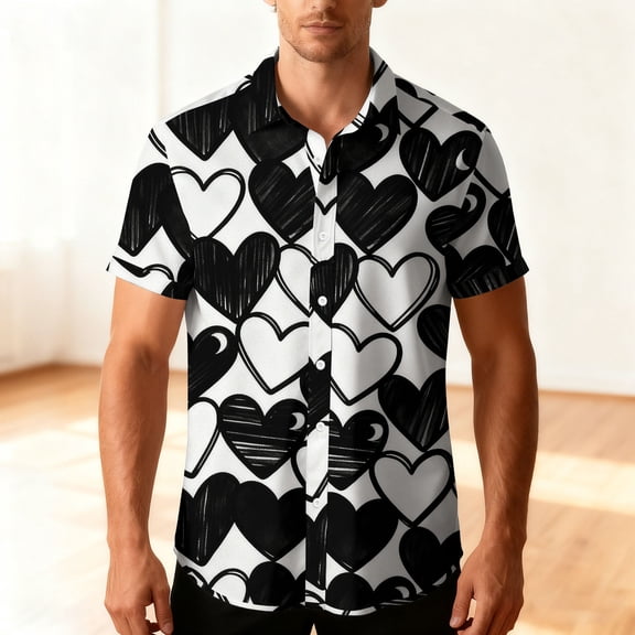 Men's Valentine Print Short Sleeve Shirt Heart Button Down T-Shirt White L