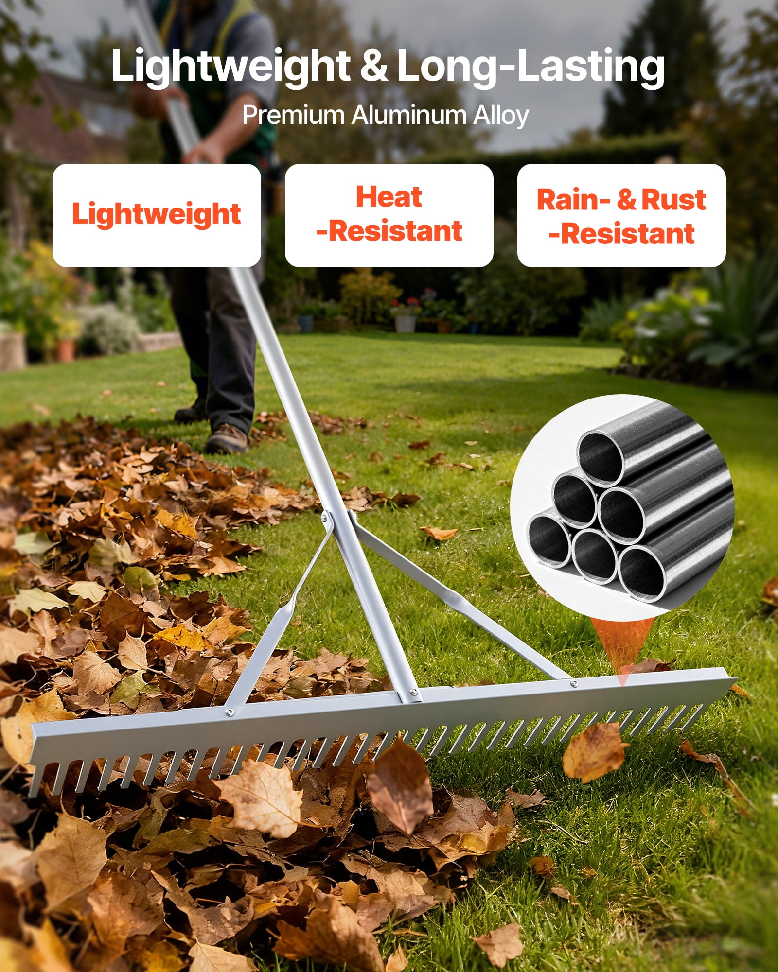 VEVOR Landscape Rake, 36 inch Wide Head 133 inch Handle, Large Heavy Duty Aluminum Landscaping Leaf Rake Tool, Asphalt Level for Loosening Soil, Garden & Yard, Pond Gravel & Beach Lawn Care,52ft Rope
