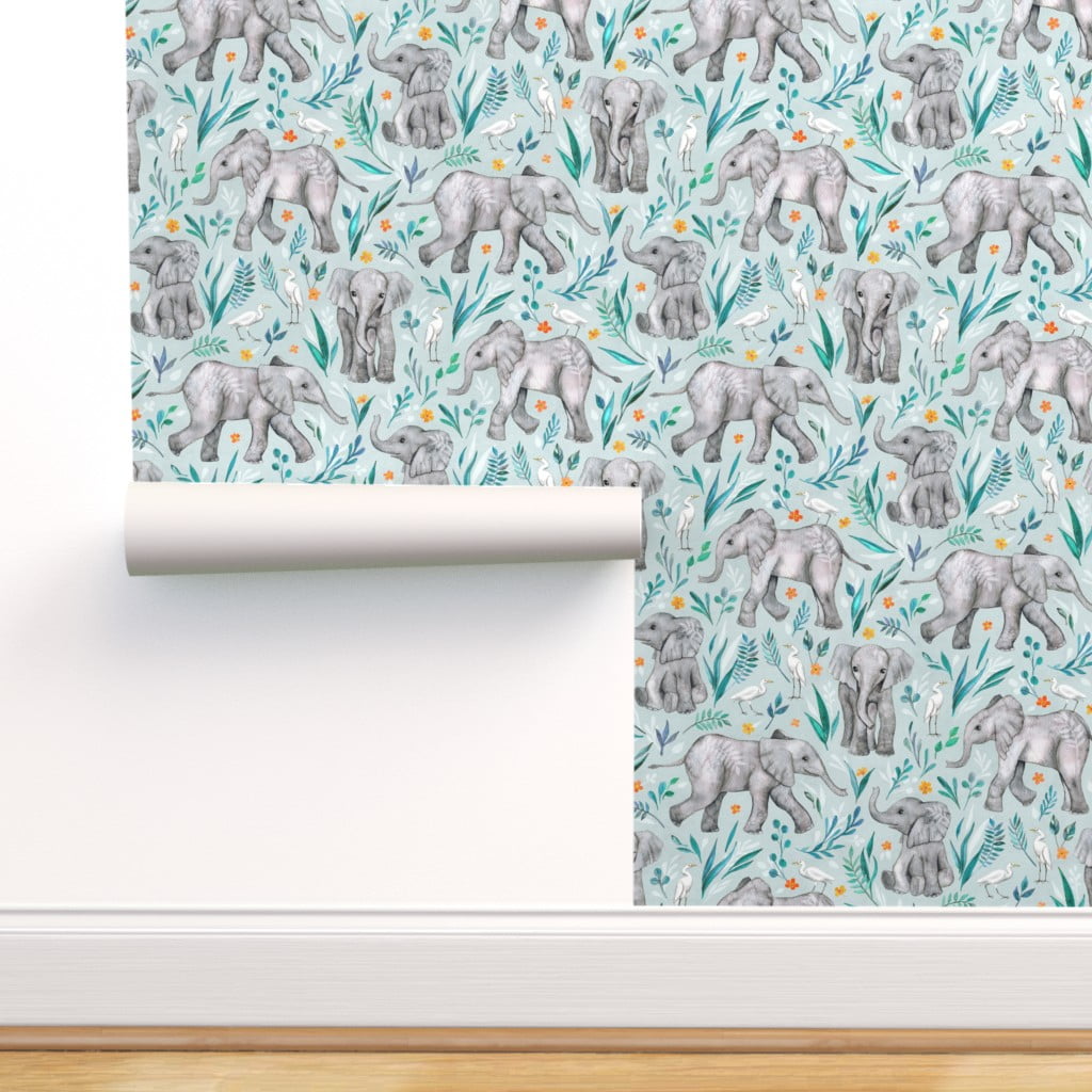 Peel & Stick Wallpaper Swatch - Baby Elephants Watercolor Blue Large