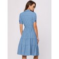 thumbnail image 4 of Vestido camisero de cambray para mujer, manga corta, con botones, cintura con lazo, cuello en V occidental, vestidos de mezclilla Azul claro XS, 4 of 5