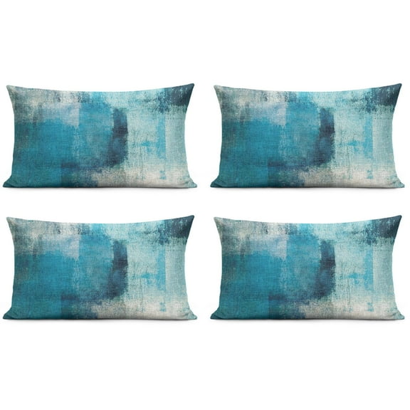 Set Of 4 Turquoise and Grey Abstract Art Painting Pillow Covers 12x20 Inch Linen Decorative Square Throw Pillow Covers for Home Sofa Bedroom Outdoor Indoor