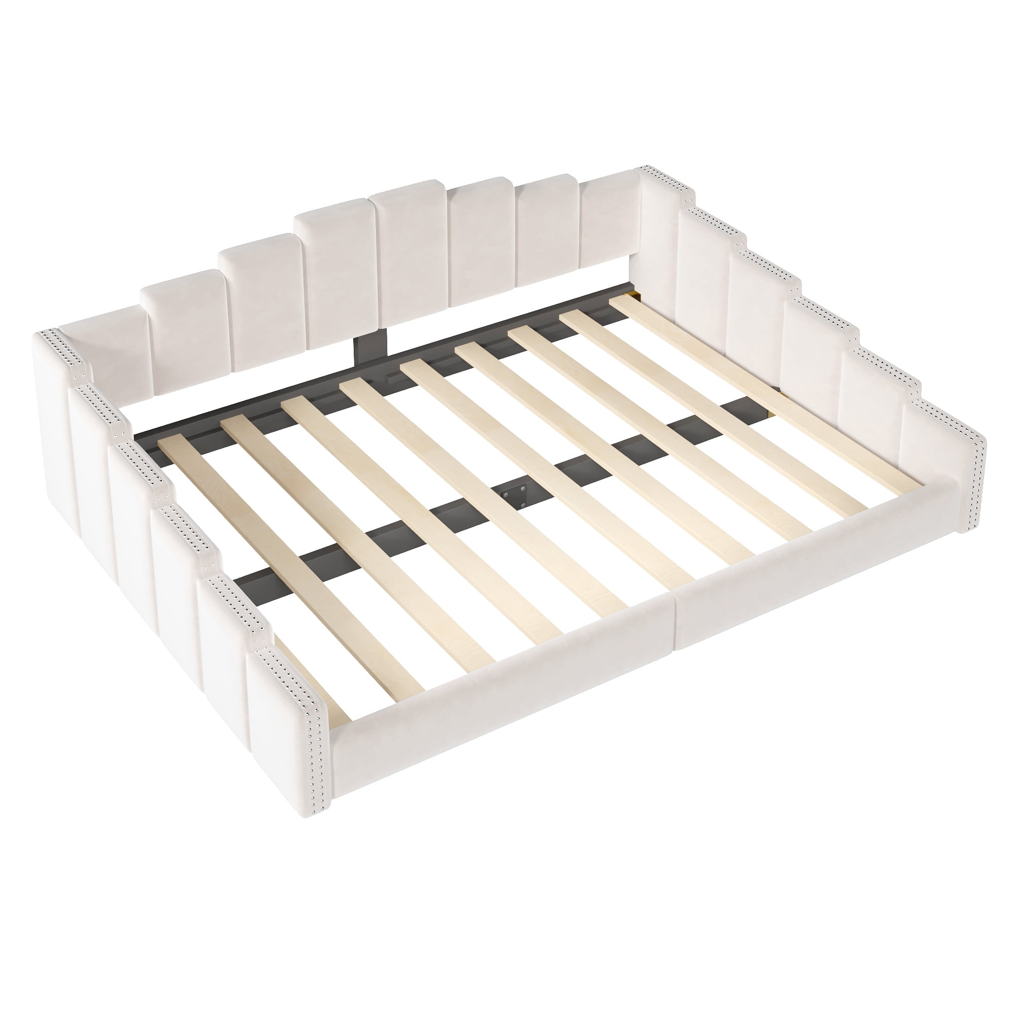 Euroco Upholstery Queen Size Daybed, Velvet Sofa Platform Bed with Nailhead Trim, No Box Spring Needed, Beige