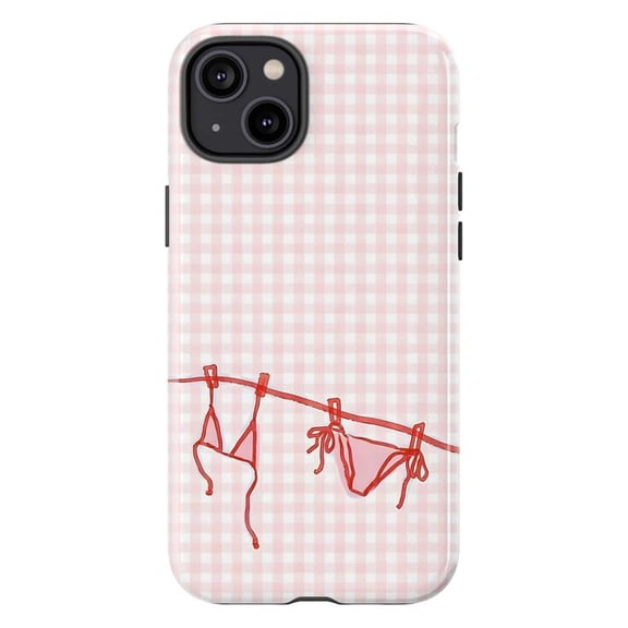 Summer Bikinis Phone Case, Red Swimwear on Pink Gingham Design iPhone Cover, Playful Beach Vibes for iPhone 16 15 14 13 12 11 Pro Plus Max Mini