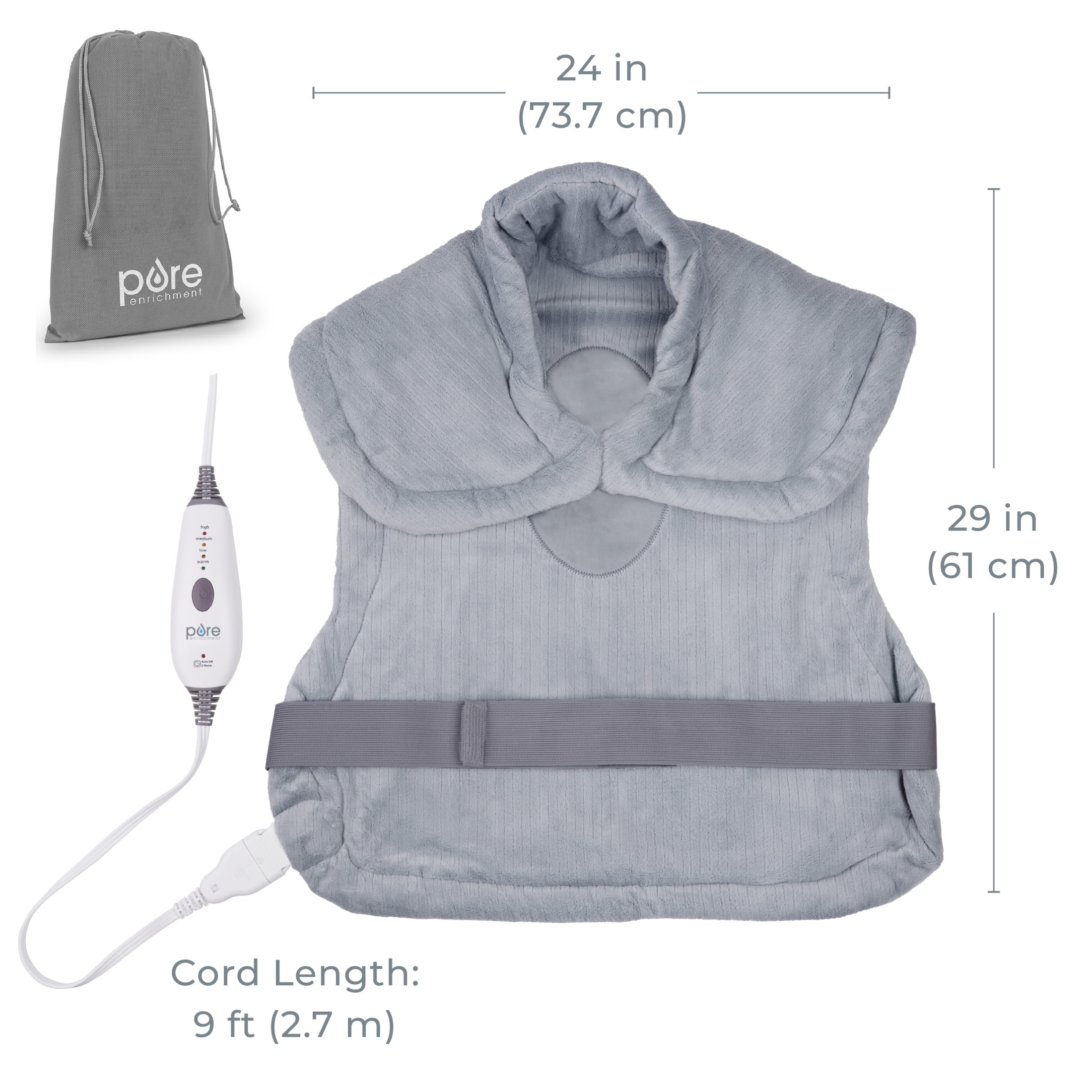 Pure Enrichment PureRelief XL Extra-Long Back & Neck Heating Pad, Safe Heat Therapy for Sore Muscles, & Pain in Neck, Back, & Shoulders, 4 Heat Settings w/ Auto Shut-Off, Soft Fabric (Gray)