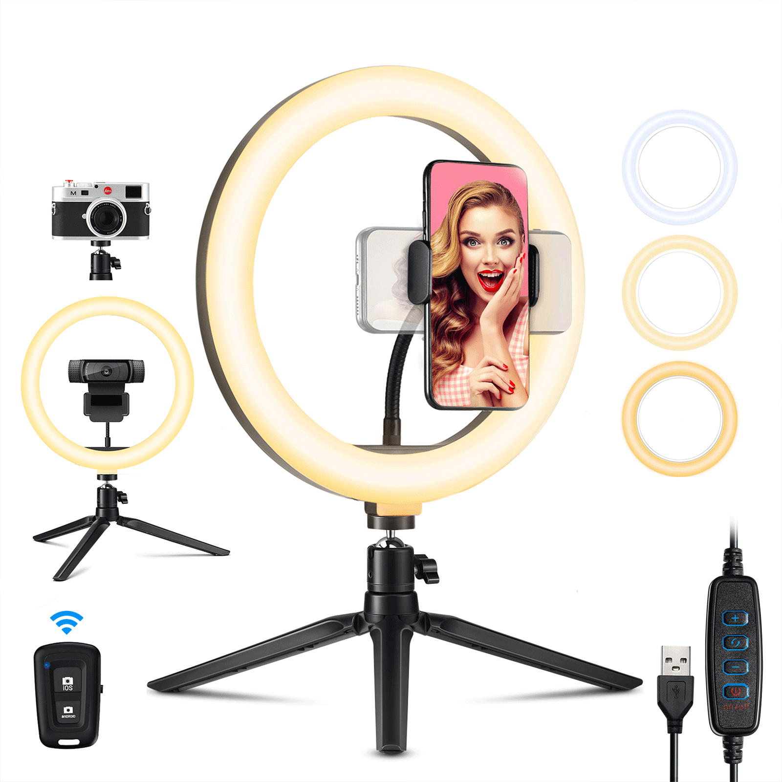 Victsing 10.2' LED Ring Light Support Webcam, Desktop Selfie Ring light with Tripod&Phone Holder, Makeup Light for Live Stream YouTube Video Photography, Compatible for Android/iOS Smart Phones