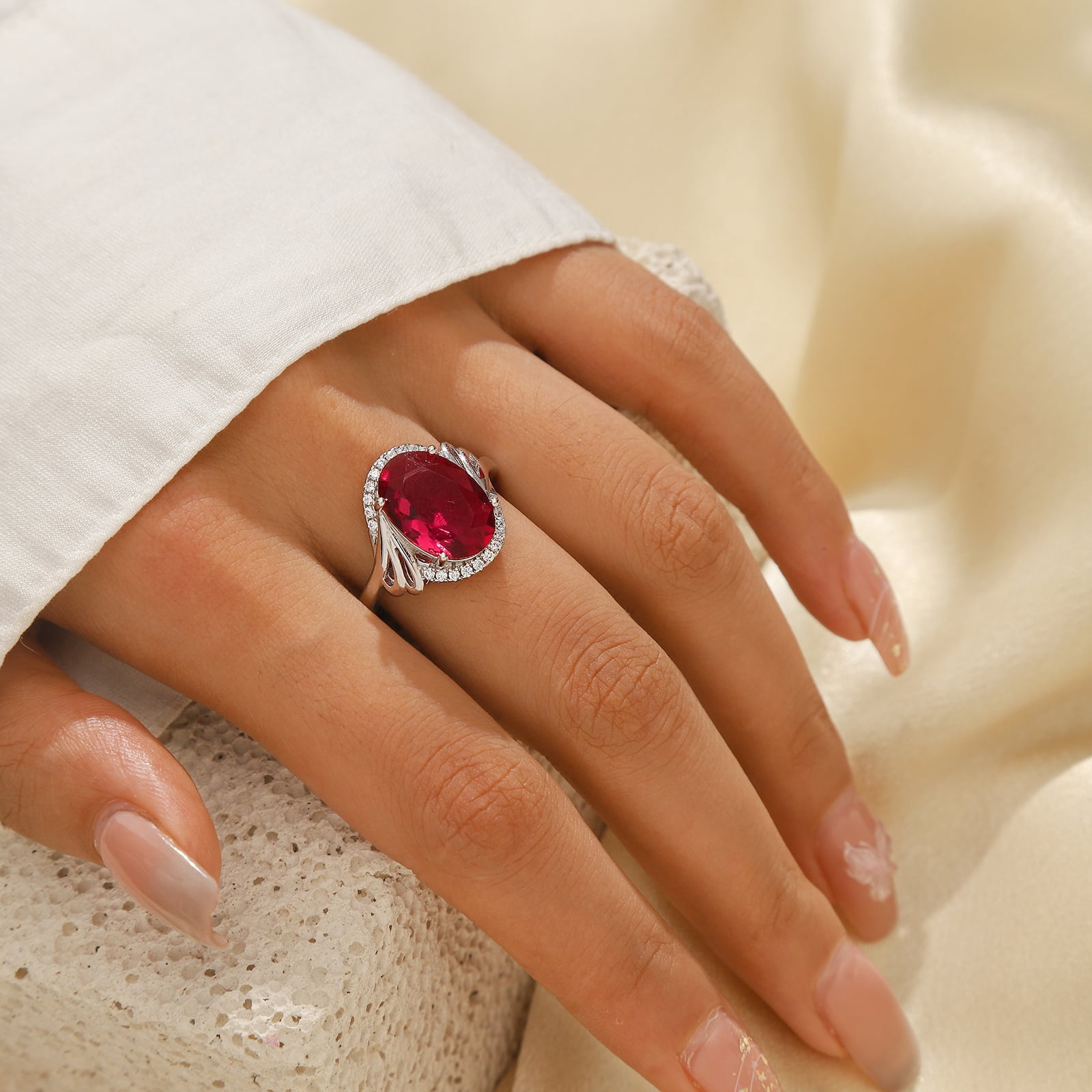 Juwaliy 8Ct Oval Ruby Women Ring 925 Sterling Silver Halo July Birthstone Red Band Jewelry Mother Grandma Birthday Xmas Valentine's Day Gift