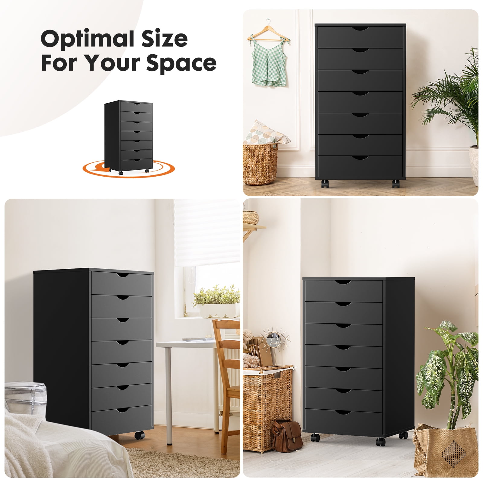 LIFERECORD 7-Drawer Chest, Wood Storage file Cabinet Rolling Storage Dresser with Wheels for Home Office, Black