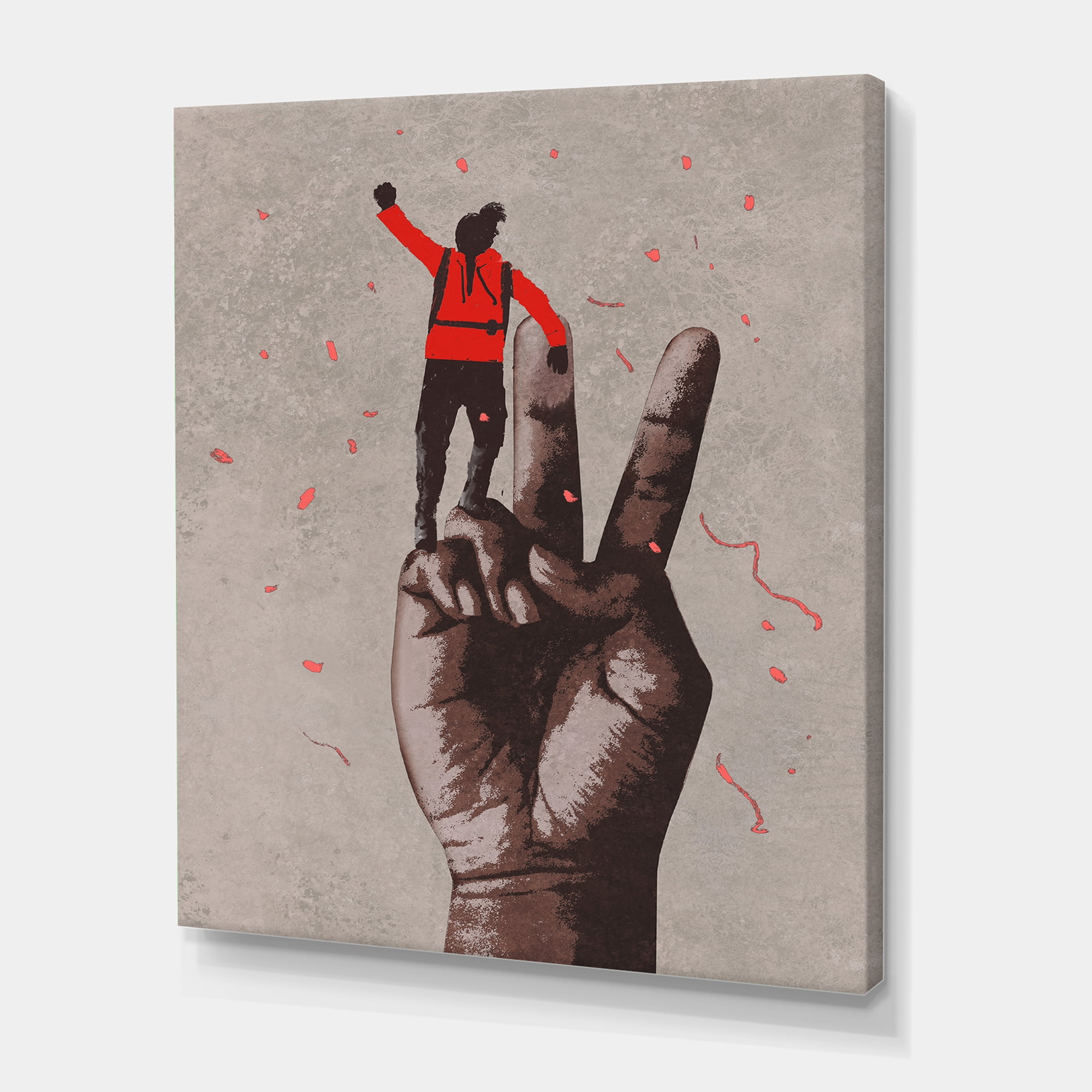 Designart ' Man With Arm Raised On Victory Sign ' Modern Canvas Wall Art Print