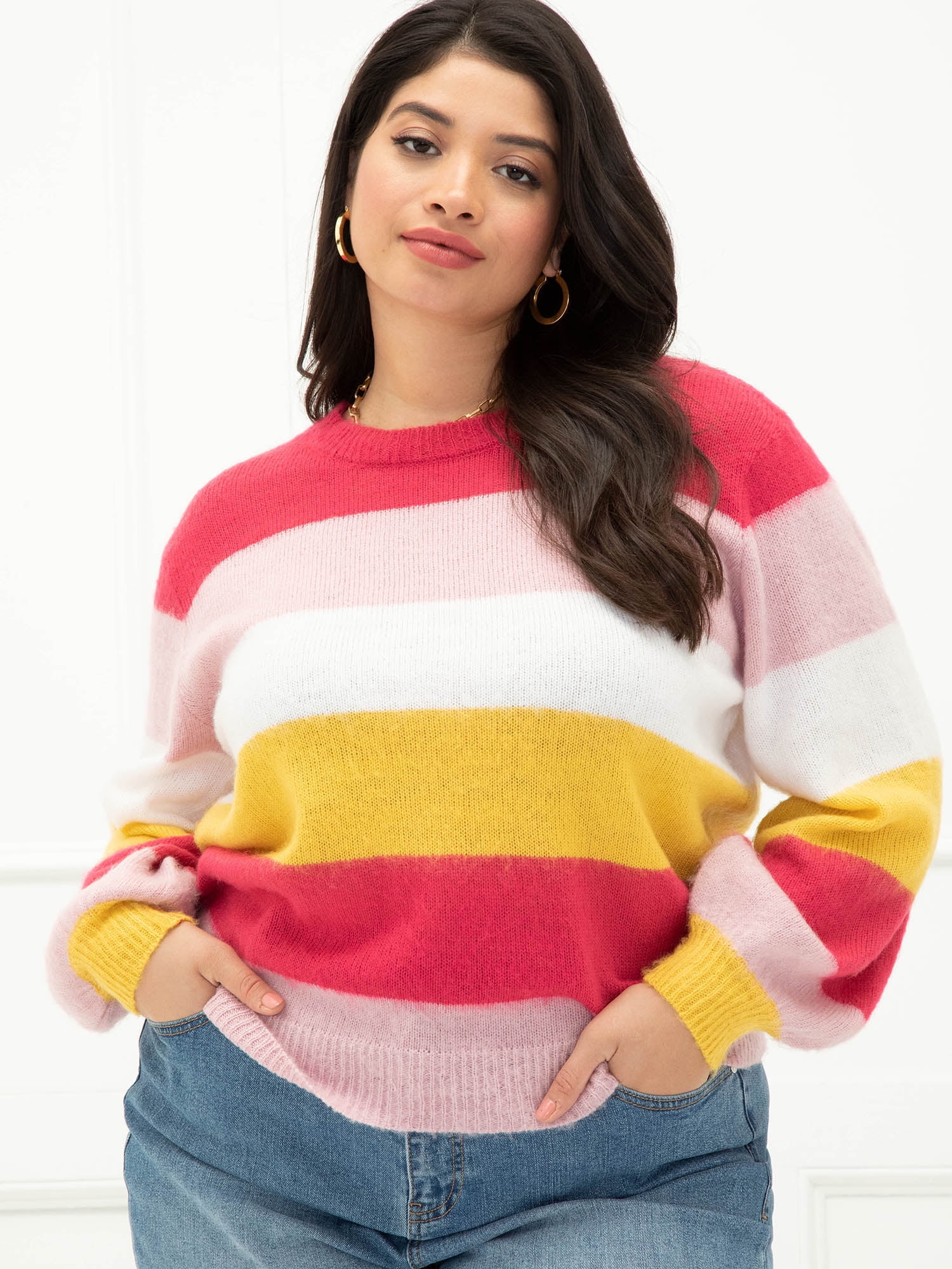 ELOQUII Elements Women's Plus Size Striped Sweater with Balloon Sleeves -  Walmart.com