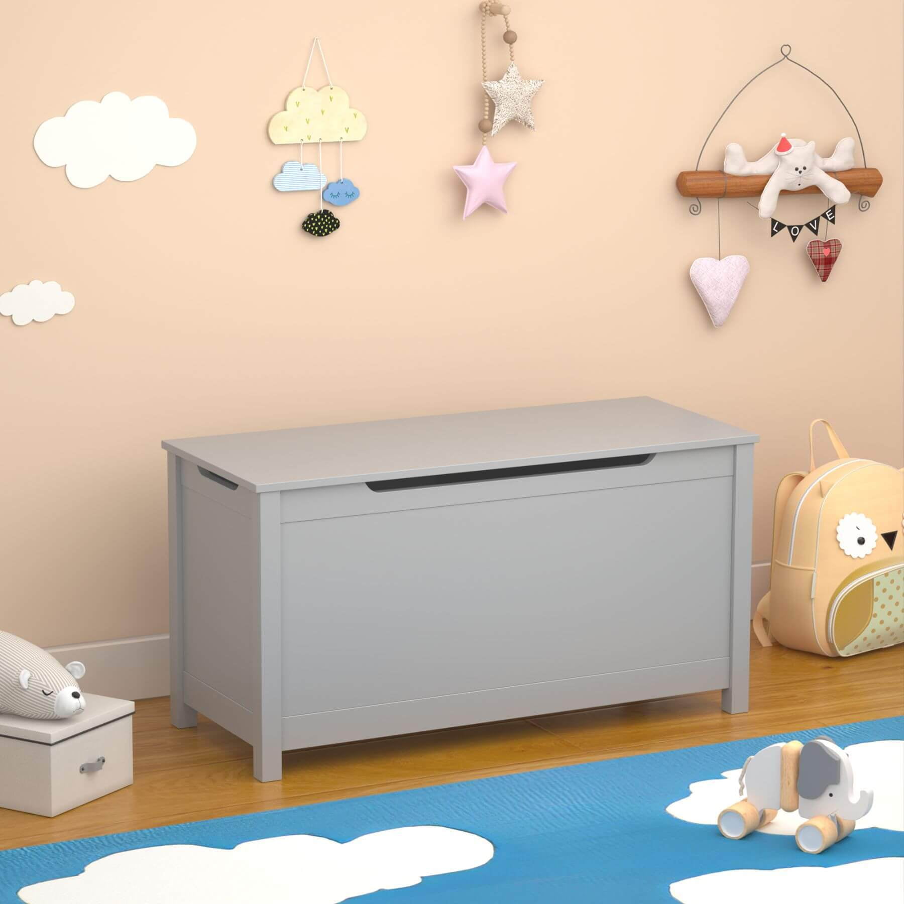 MOONRIVER Kids Wooden Toy Box Storage with Safety Hinged Lid, Grey