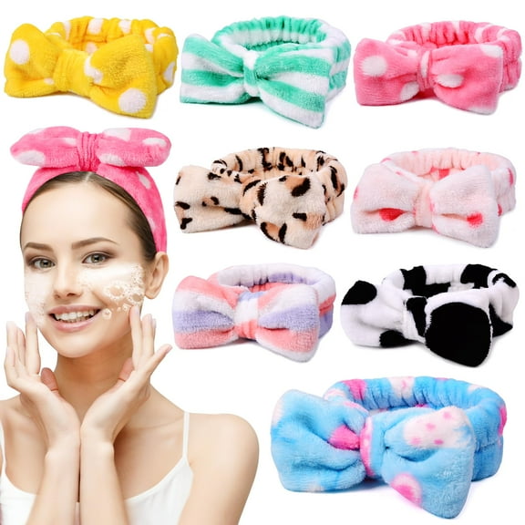 ZOUYUE 8 Pack Spa Headband for Women, Facial Makeup Headband Soft Coral Fleece Cosmetic Headband for Women Girls Bow Hair Band Head Wraps for Washing Face Mask Spa Shower Gifts