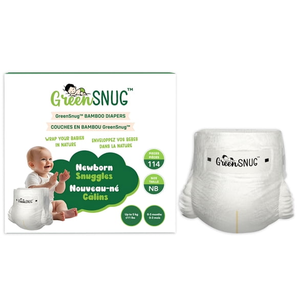 GREEN SNUG Couches en Bambou Taille 1 (jusqu'à 5 kg), Fibre de Bambou, Sans latex Ni Chlore, Indicateur d'Humidité, Douces, Ajustement Réglable, 0–3 Mois