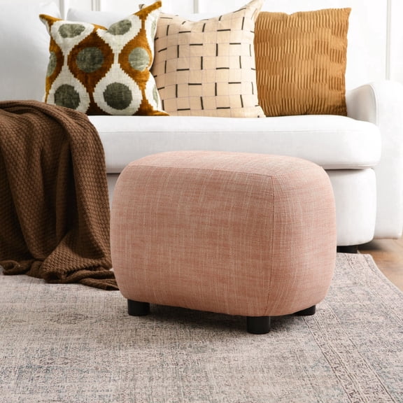 KINWELL 23" Wide Linen Blend Upholstered Ottoman, Textured Weave Footrest with Soft Padded Seat, Mid-Century Modern Footstool for Bedroom, Entryway or Living Room, Coral