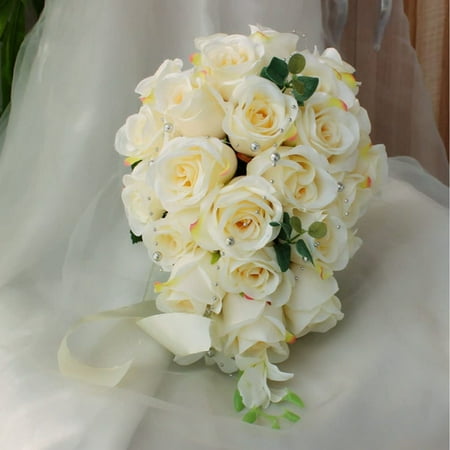 

JASMINELOVER Artificial Rose Cascading Bridal Bouquet -26 Heads Flower for Wedding Bouquet Flowers Bunch Hotel Party Garden Floral Decor (Milk White)