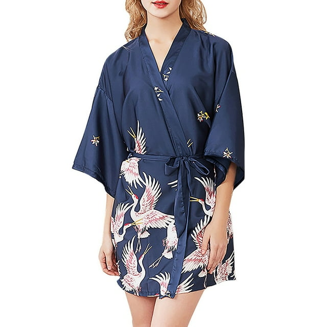 Women Simulation Silk Ladies Pajamas Lingerie Robe Bathrobe Bride Dressing Gown