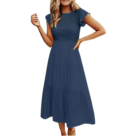 Qiopertar Women's Summer Casual Dress Short Sleeve Round Neck Flutter Sleeve A-Line Midi Dress Solid Color Fashion Comfy Vacation Party, Blue M