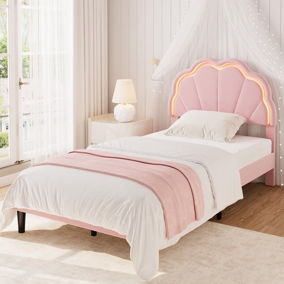 Twin Size Velvet Platform Bed Frame with Adjustable Seashell LED Headboard, Under Bed Storage, No Box Spring Needed,Upholstered Bed for Teens