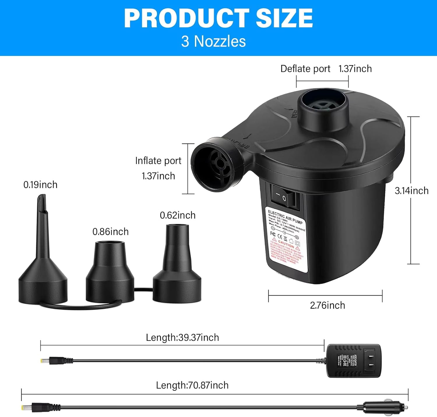 Electric Air Pump for Inflatable with 3 Nozzles, 110V AC/12V DC, Air Mattress Pump, Quick Fill Inflator Deflator Air Pump Perfect for Outdoor Camping Inflatable Boat Blow Up Pool Water Toy