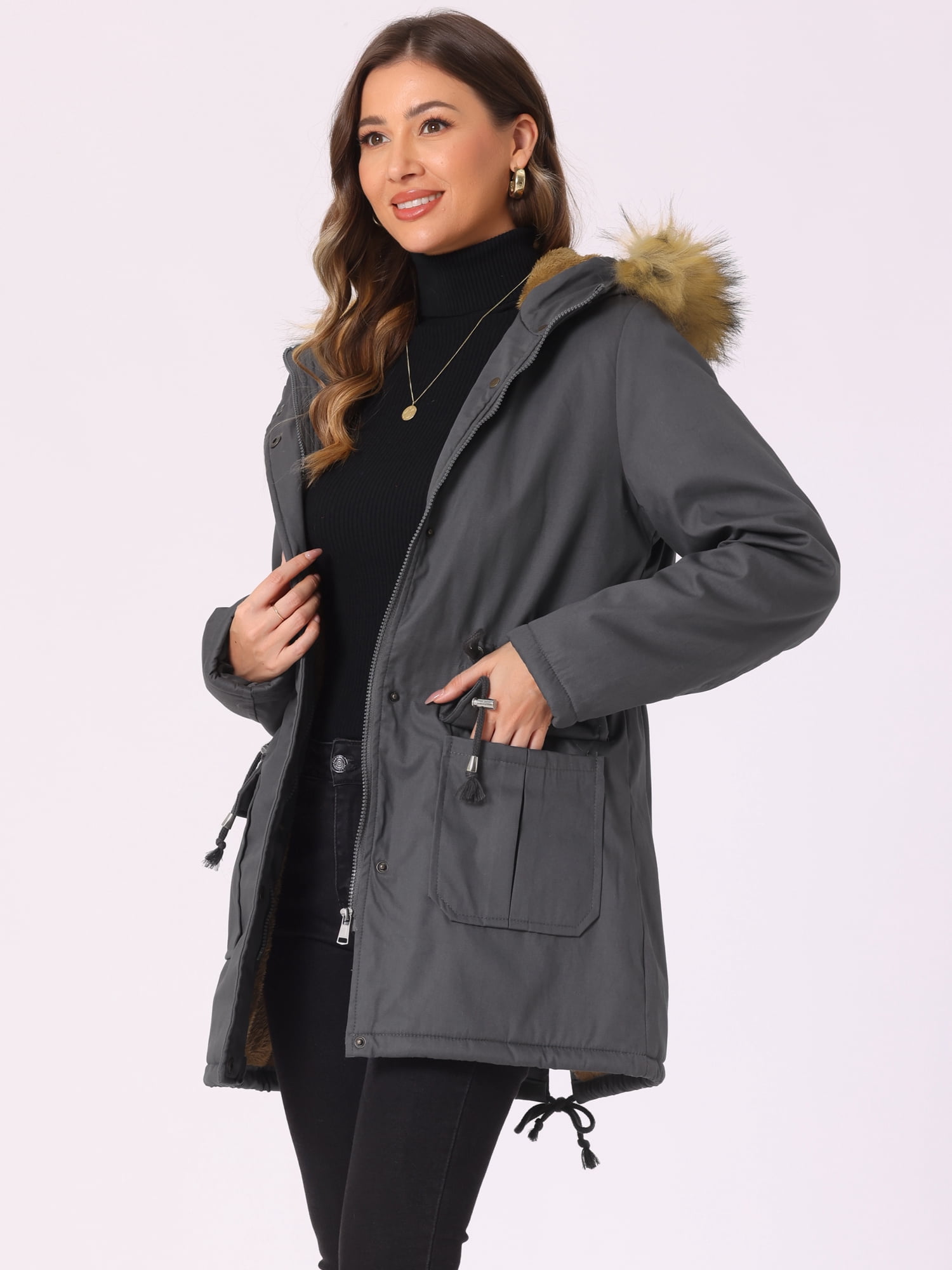 Unique Bargains Women Windproof Winter Parka Puffer Coat with Faux Fur Hood M Gray
