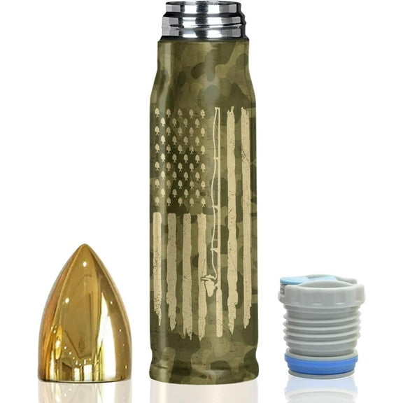 Fishing American Flag Camouflage 17oz Stainless Steel Bullet Tumbler - Fishing Gifts for Men - Unique Birthday Fathers day or Christmas Gifts for Fisherman