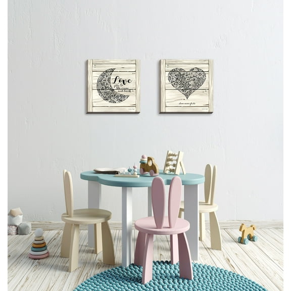 Gango Home Decor Country-Rustic Love Never Fails & Love You to the Moon; Two 12x12in Hand-Stretched Canvases