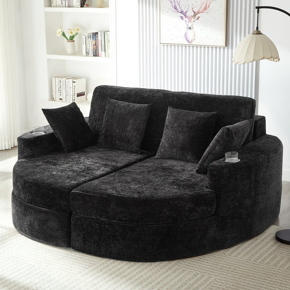 Black 80" Full-Compressed Curved Chaise Lounge Sofa Bed, Boneless Couch with 2 Cup Holders