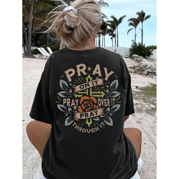 100% Cotton Women's Floral & Letter Print Drop Shoulder Tee, Casual Half Sleeve Round Neck T-shirt for Summer, Women's Top for Daily Wear Black Golf Gift T-Shirt For Men and Women