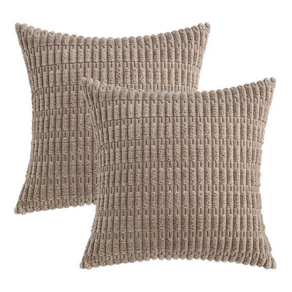 Pack of 2 Corduroy Throw Pillow Covers - 18x18 Inch Decorative Cushion Covers in Soft Boho Stripes for Modern Farmhouse Home Decor - Khaki