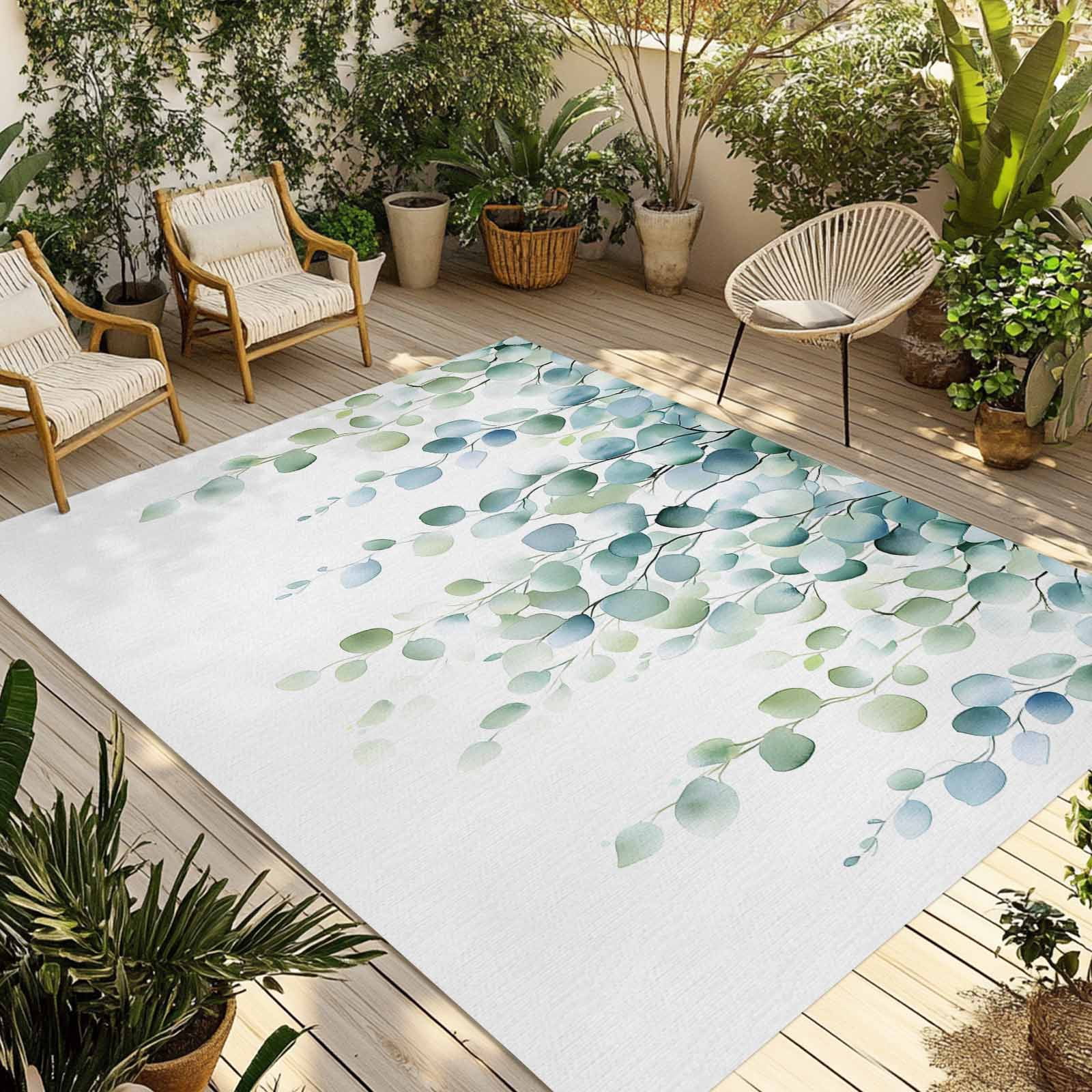 Outdoor Rug 5x8ft Sage Green Eucalyptus Leaves Large Area Rug Watercolor Green Plant Indoor Outdoor Carpet Outdoor Rugs Mats for Patio Camping,RV,Front Door, Outside Decor