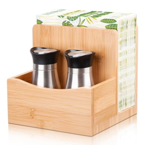 Bamboo Salt Pepper Napkin Holder Set for Kitchen Dining Table, Natural Napkin Holder Stand with Salt Pepper Caddy Restaurant Lunch Organizer$$Home Decor, Kitchen, & Other