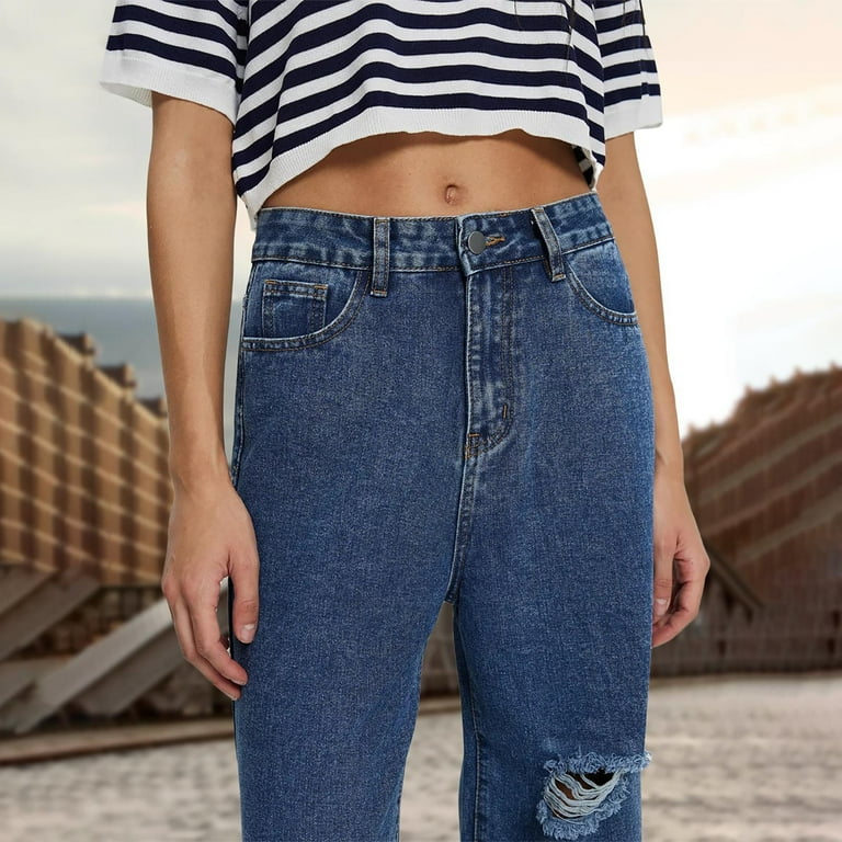 Ripped Jeans Straight Leg Women High Waist Trendy Denim Pants