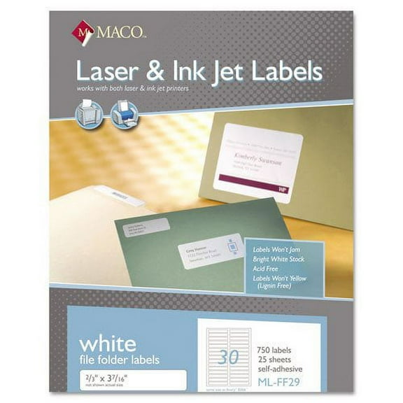 Maco File Folder Labels, 2/3 x 3 7/16, White, 750/Pack