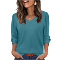 thumbnail image 2 of Xyxonk 3/4 Length Sleeve Womens Tops 2025 Dressy Casual V Neck Shirts Flowy Solid Color Blouse Fall Fashion Outfits Blue L, 2 of 5