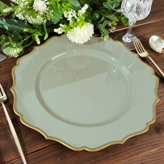 13" Charger Plates - Set of 12 - Dusty Sage Green Round Acrylic Chargers with Scalloped Rim, Ideal for Dinner Party Wedding Holiday Bulk Events