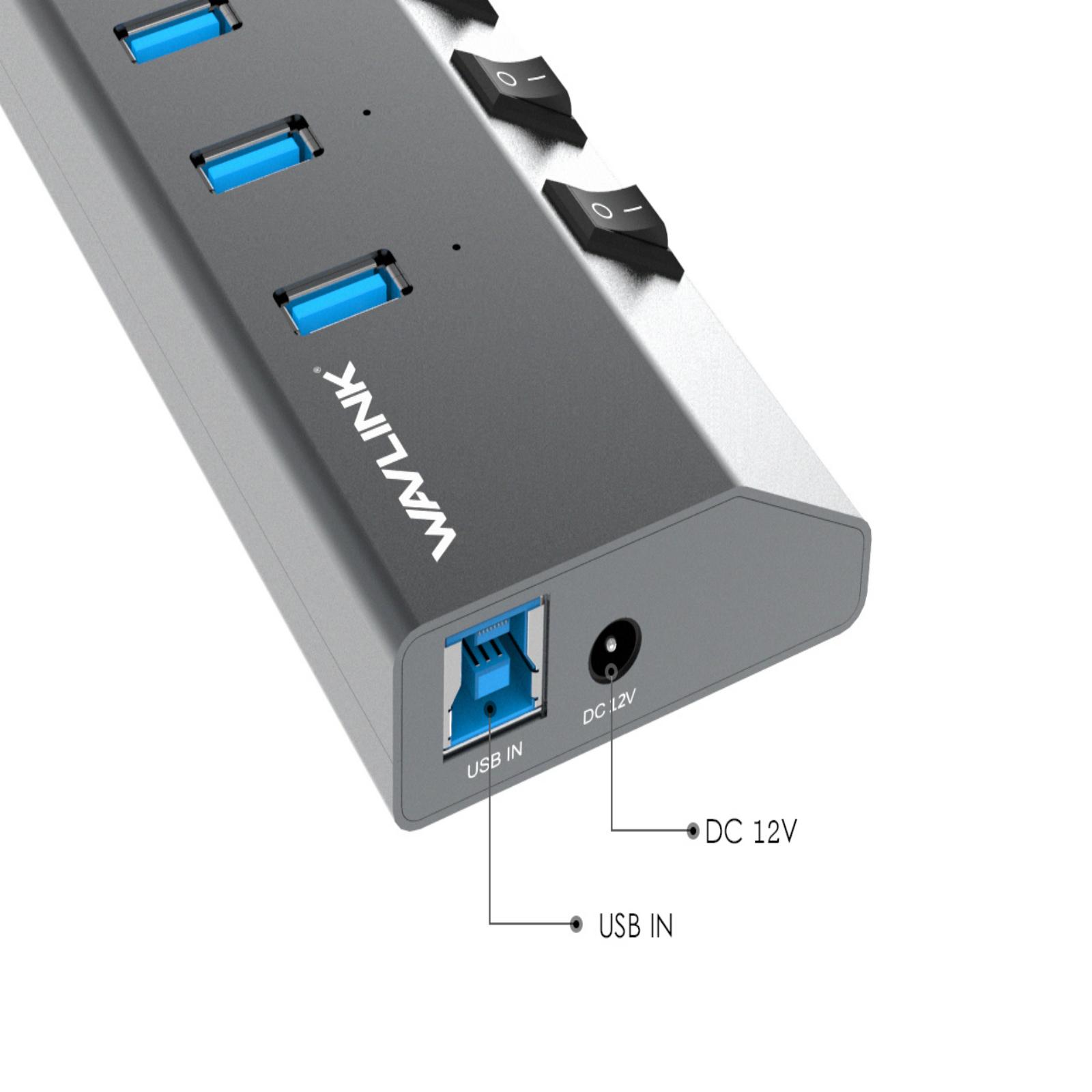 7-Port USB 3.0 Superspeed Hub with 48W Power Adapter, On/Off Switches with BC 1.2 Charging Support for Macbook, iPad, iPhone, Laptops, Tablets, Mobile HDD and more