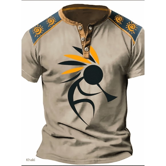 Men's Southwest Tribal Kokopelli Print Henley Short Sleeve T-Shirt, Vintage Western Graphic Button Tee for Outdoor & Daily Casual Wear