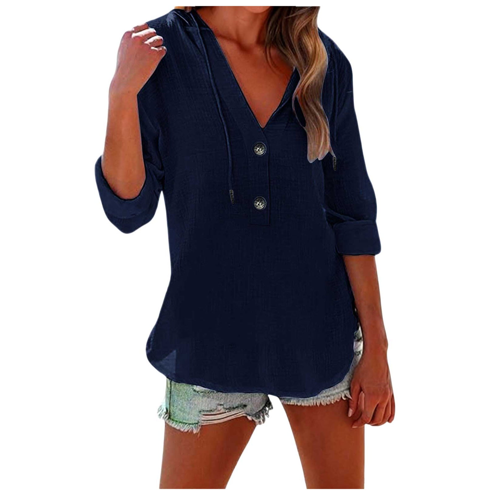 YWIYIUD Oversize Cotton Linen Hoodies Drawstring Button V Neck Women Summer Tops Solid Color Rolled Short Sleeve Blouses Breathable and Breathable Casual Loose Women Tops Streetwear Navy L