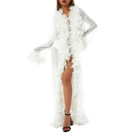 JBEELATE Women Long Sleeve Feather Bathrobe Sheer See Through Lingerie Kimono Bridal Robe Cover Up with Fur