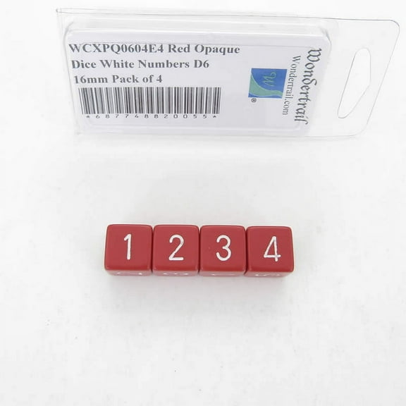 Red Opaque Dice with White Numbers D6 Aprox 16mm (5/8in) Pack of 4 Wondertrail