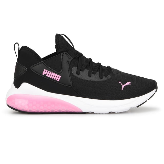 tenis puma mujer cell vive mesh running gym ejercicio negro 25.5 perfil lateral derecho de tenis deportivo negro con parte superior textil tipo mesh y cordones, logotipo PUMA rosado en panel lateral y felino rosado en puntera, entresuela blanca con zona de amortiguación rosa translúcida y suela de goma negra; adecuado para running y gimnasio.