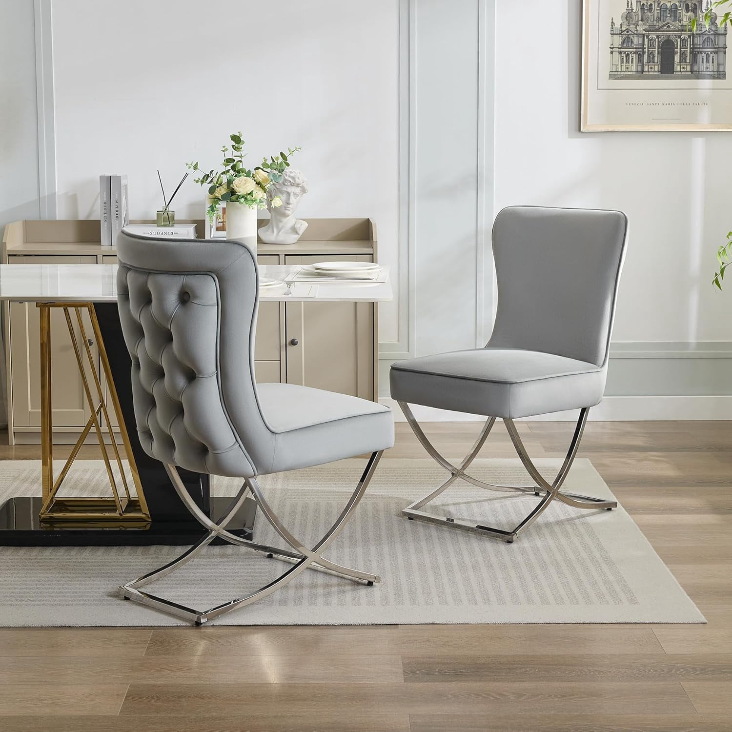 2PCS Luxury Velvet Dining Chairs, Tufted Upholstered Armless Accent Chairs with Silver Metal X-Legs, Modern Glam Dining Chair Kitchen Chairs,Light gray