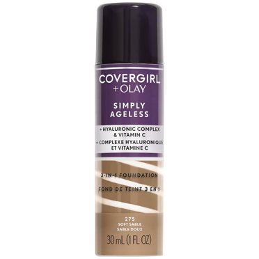 COVERGIRL   OLAY Simply Ageless 3-in-1 Liquid Foundation, Soft Sable 275, 1 fl oz, Hydrating Anti-Aging Foundation, Cruelty-Free Foundation, Hyaluronic Complex for Firm Skin (30 ml)